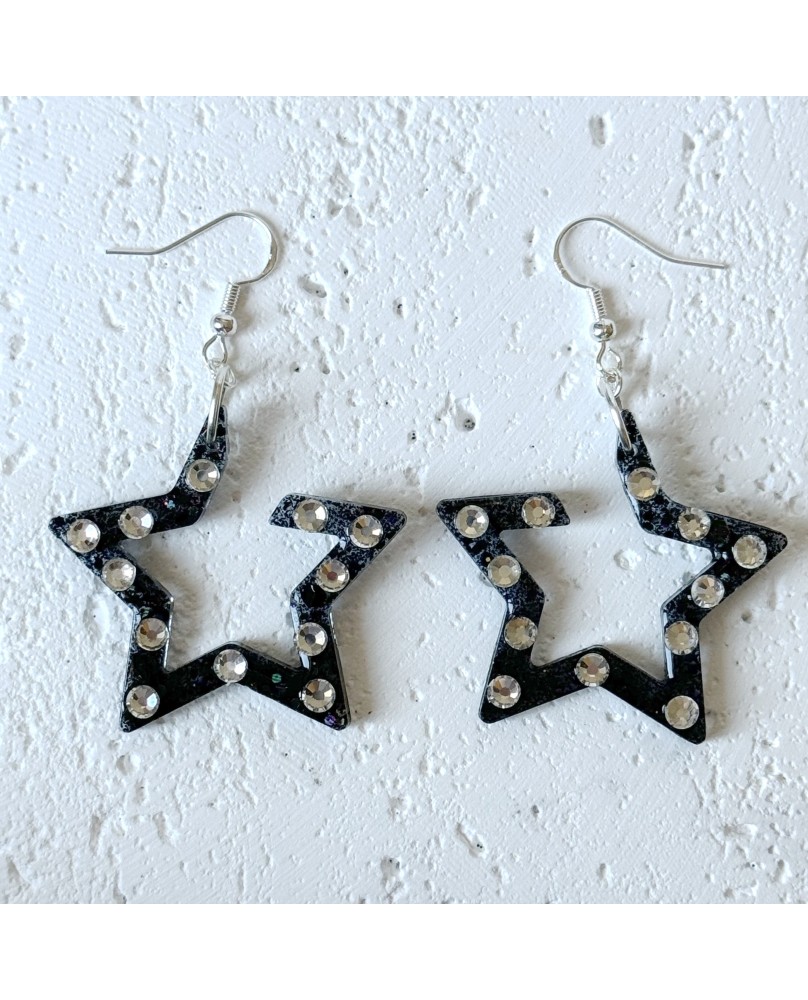 Funky Black Large Star With Adorned Diamond Statement Earrings