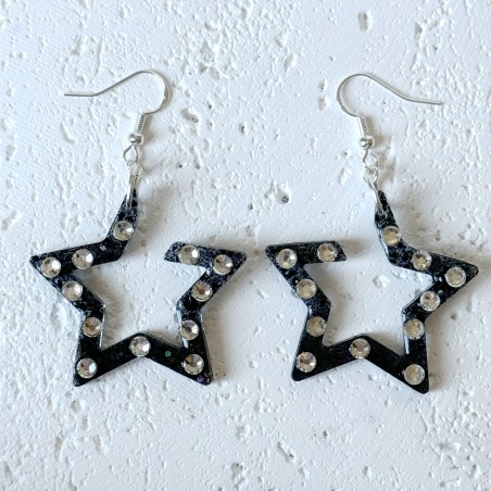 Funky Black Large Star With Adorned Diamond Statement Earrings