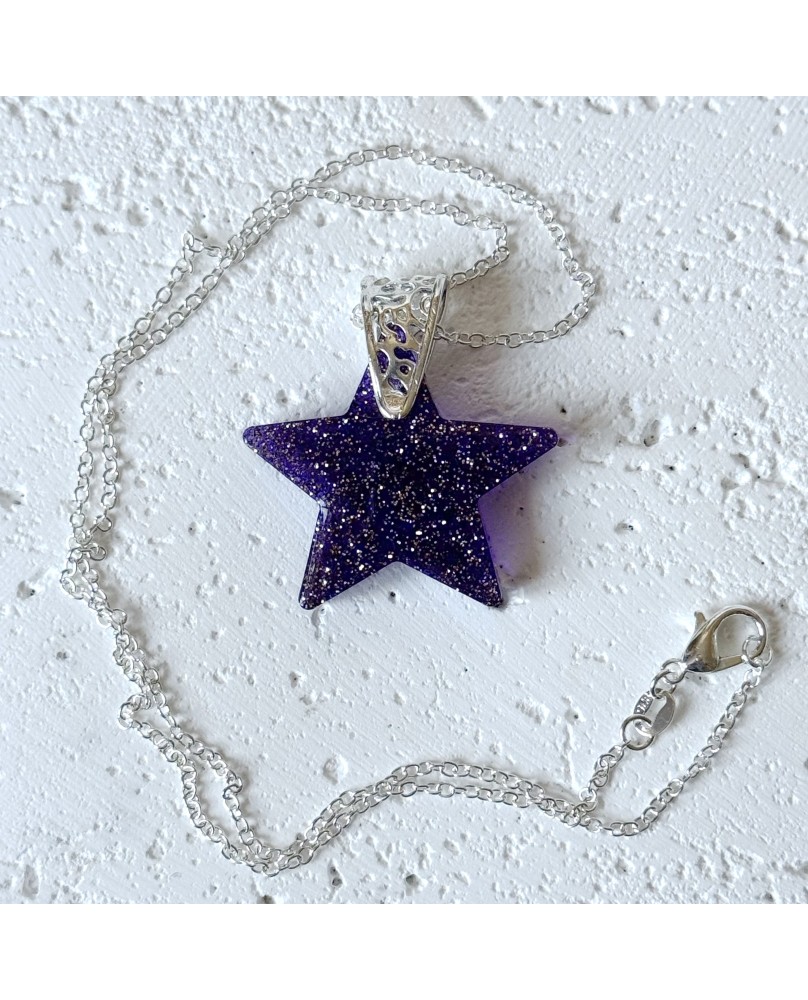 Jazzy Purple Star Pendant Silver Sterling Chain Statement Necklace