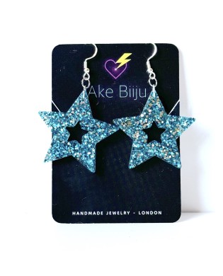 Jazzy Sparkly Blue Star Statement Earrings - Gift Box Included