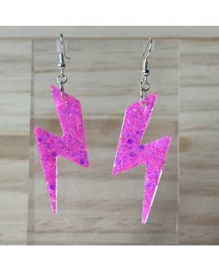 Vibrant Sparkly Light Deep Pink Lightning Shape Statement Earrings - Gift Box Included