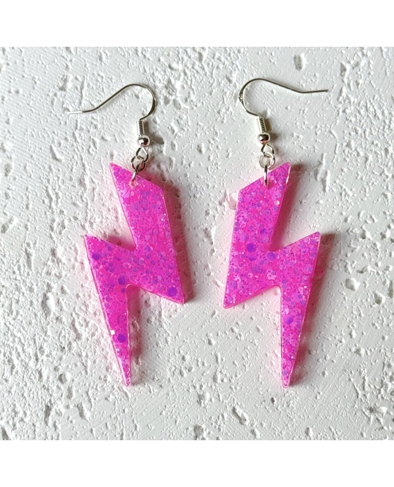 Vibrant Sparkly Light Deep Pink Lightning Shape Statement Earrings - Gift Box Included