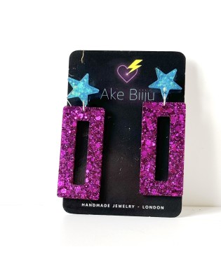 Funky Sparkly Hot Pink Rectangle & Little Blue Star Bold Earrings