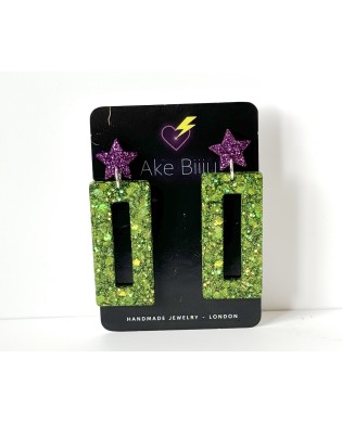Funky Sparkly Green Rectangle & Little Purple Star Bold Earrings
