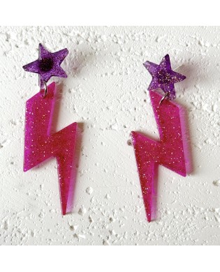Electric Sparkly Pink|Purple Lightning Bolt Little Star Stud Earrings