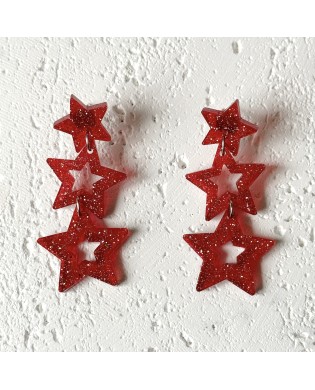 Funky Sparkly Red 3 Stars Statement Earrings - Gift Box Included