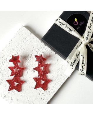 Funky Sparkly Red 3 Stars Statement Earrings - Gift Box Included