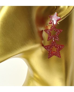 Funky Sparkly Red 3 Stars Statement Earrings - Gift Box Included