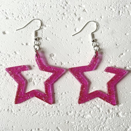 Funky Pink Sparkly Large Star Statement Earrings - Gift Box Included