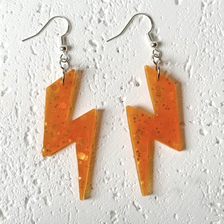 Electric Sparkly Orange Lightning Bolt Statement Earrings