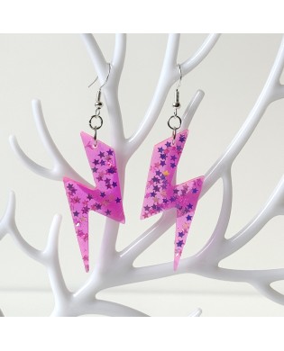 Electric Sparkly Neon Pink Lightning Bolt Statement Earrings