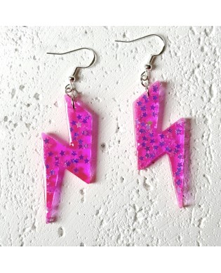 Electric Sparkly Neon Pink Lightning Bolt Statement Earrings