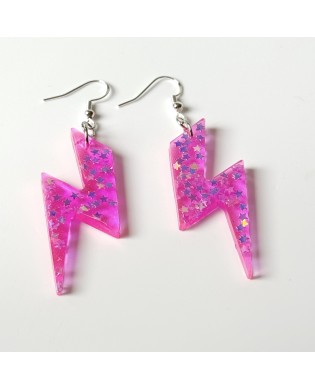 Electric Sparkly Neon Pink Lightning Bolt Statement Earrings