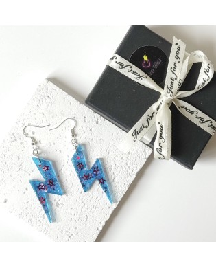Electric Blue With Red Star Bolt Lightning Statement Earrings