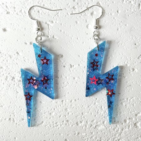 Electric Blue With Red Star Bolt Lightning Statement Earrings