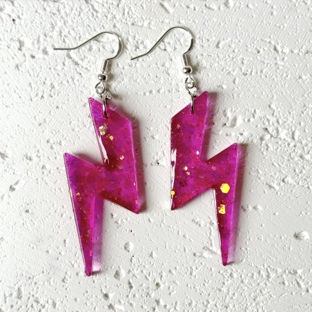 Electric Sparkly Hot Pink Lightning Bolt Statement Earrings