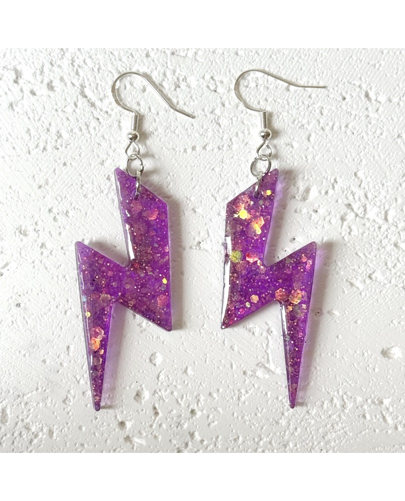 Electric Sparkly Purple Lightning Bolt Statement Earrings