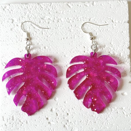 Funky Pink Large Sparkly Leaf Statement Earrings - Gif Box Includ