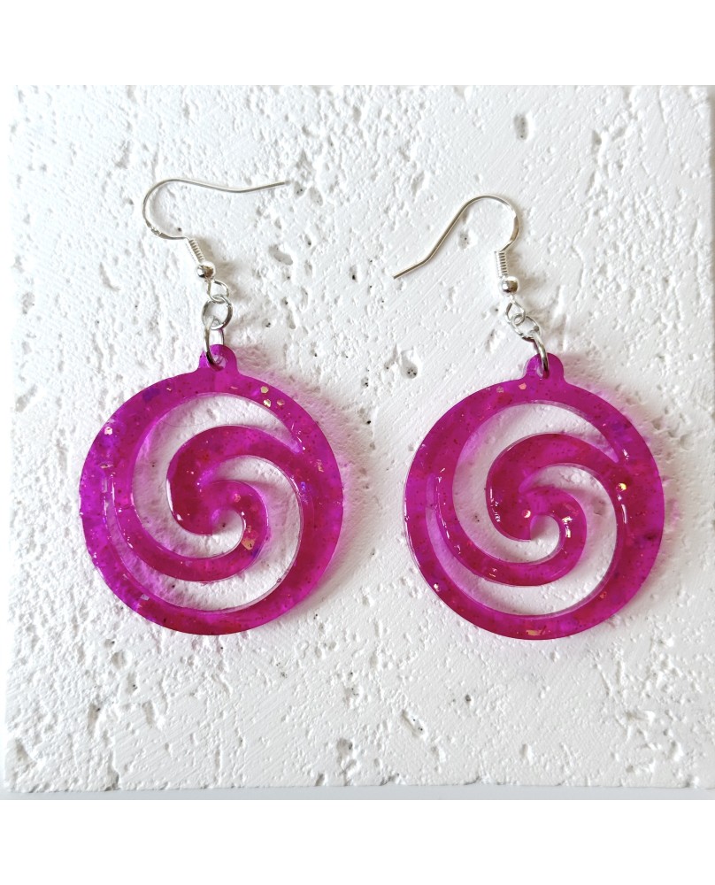 Vibrant Boho Sparkly Pink Spiral Statement Earrings
