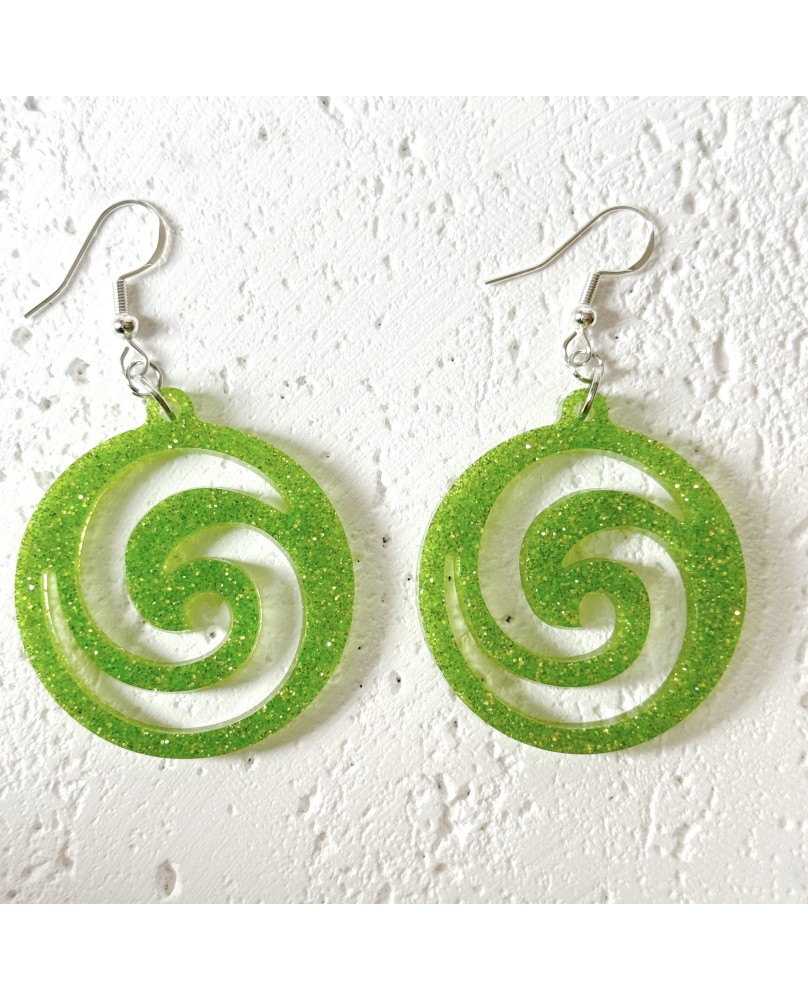 Vibrant Boho Twinkle Neon Green Spiral Statement Earrings