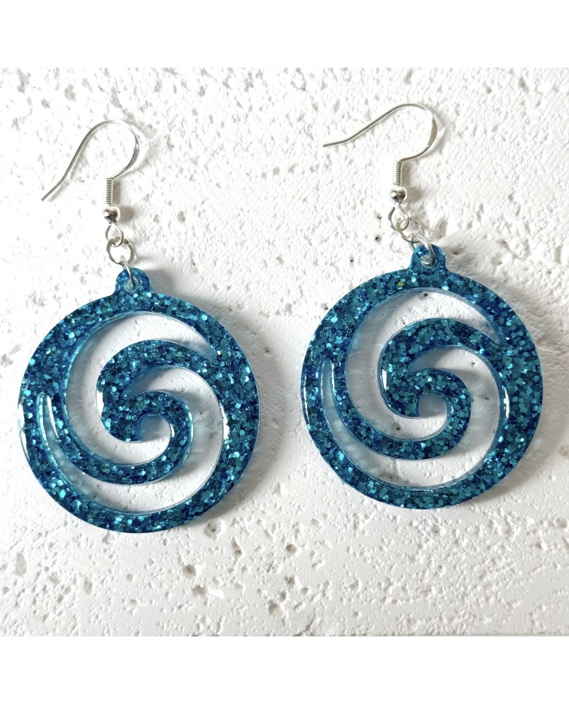 Vibrant Boho Sparkly Blue Metallic Spiral Statement Earrings