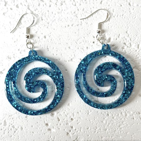 Vibrant Boho Sparkly Blue Metallic Spiral Statement Earrings