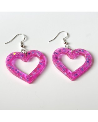 Cute Elegant Neon Pink Heart Shape Little Glitter Stars Bold Earrings
