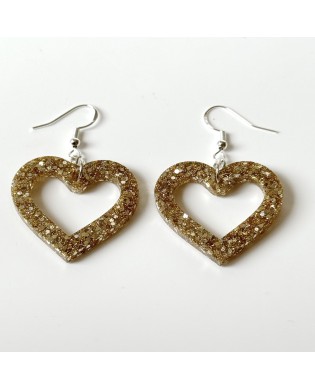 Cute Elegant Sparkly Gold Champagne Heart Shape Statement Earrings