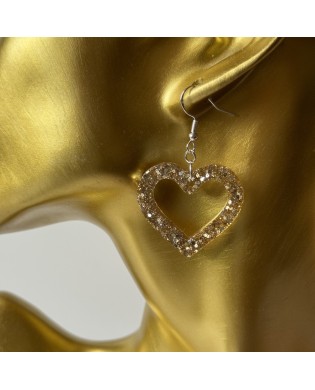 Cute Elegant Sparkly Gold Champagne Heart Shape Statement Earrings