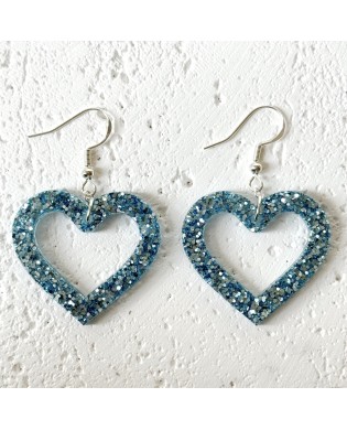 Cute Elegant Sparkly Blue Metallic Heart Shape Statement Earrings