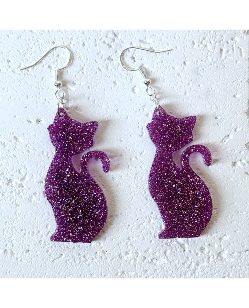 Cute Jazzy Purple Cat Shape Statement Earrings - Gift Box Included